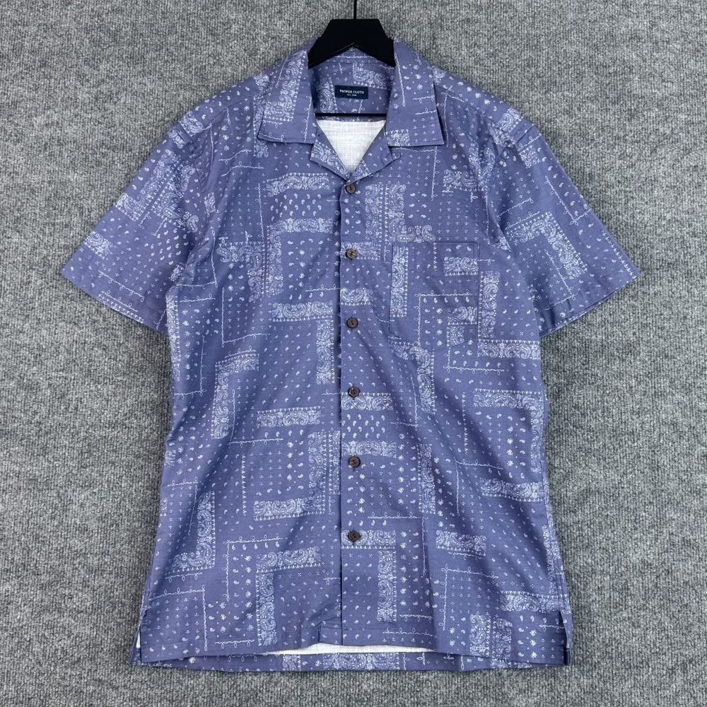 Proper Cloth Camp Shirt Mens M Blue Bandana Print Cotton Aloha Short Sleeve
